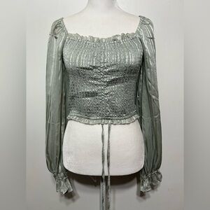 HYFVE Metallic Smocked Boho Peasant Puff Sleeve Cinched Festival Crop Top